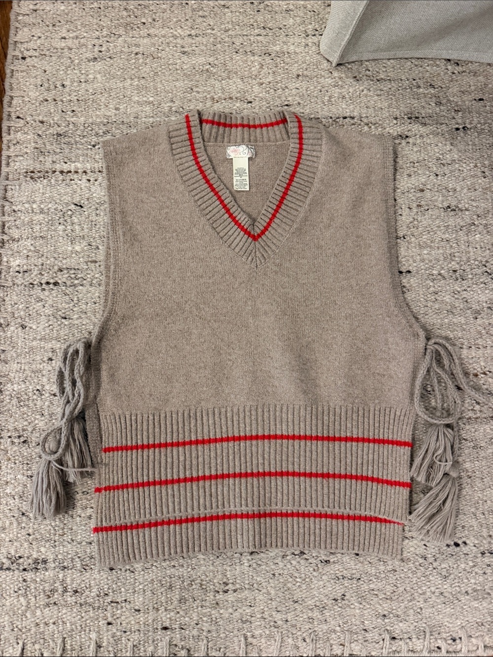 Free People O/S Sweater Vest with Red Stripe Trim and Tassels